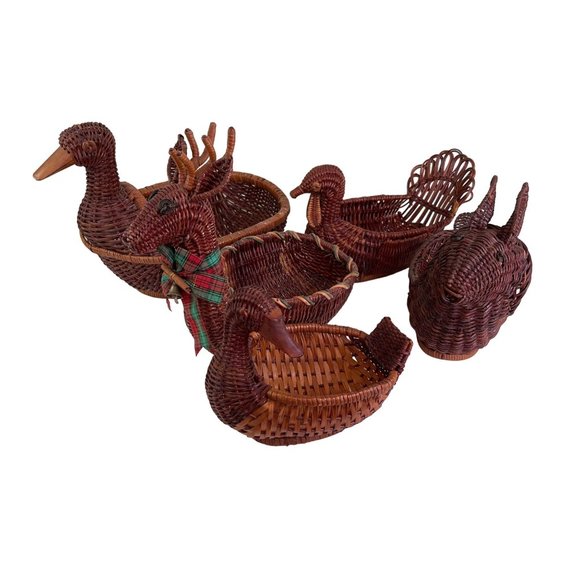 Vintage 6 Wicker and Wood Animal Basket 6 pc Lot Turkey Duck Rabbit Reindeer - Picture 1 of 15